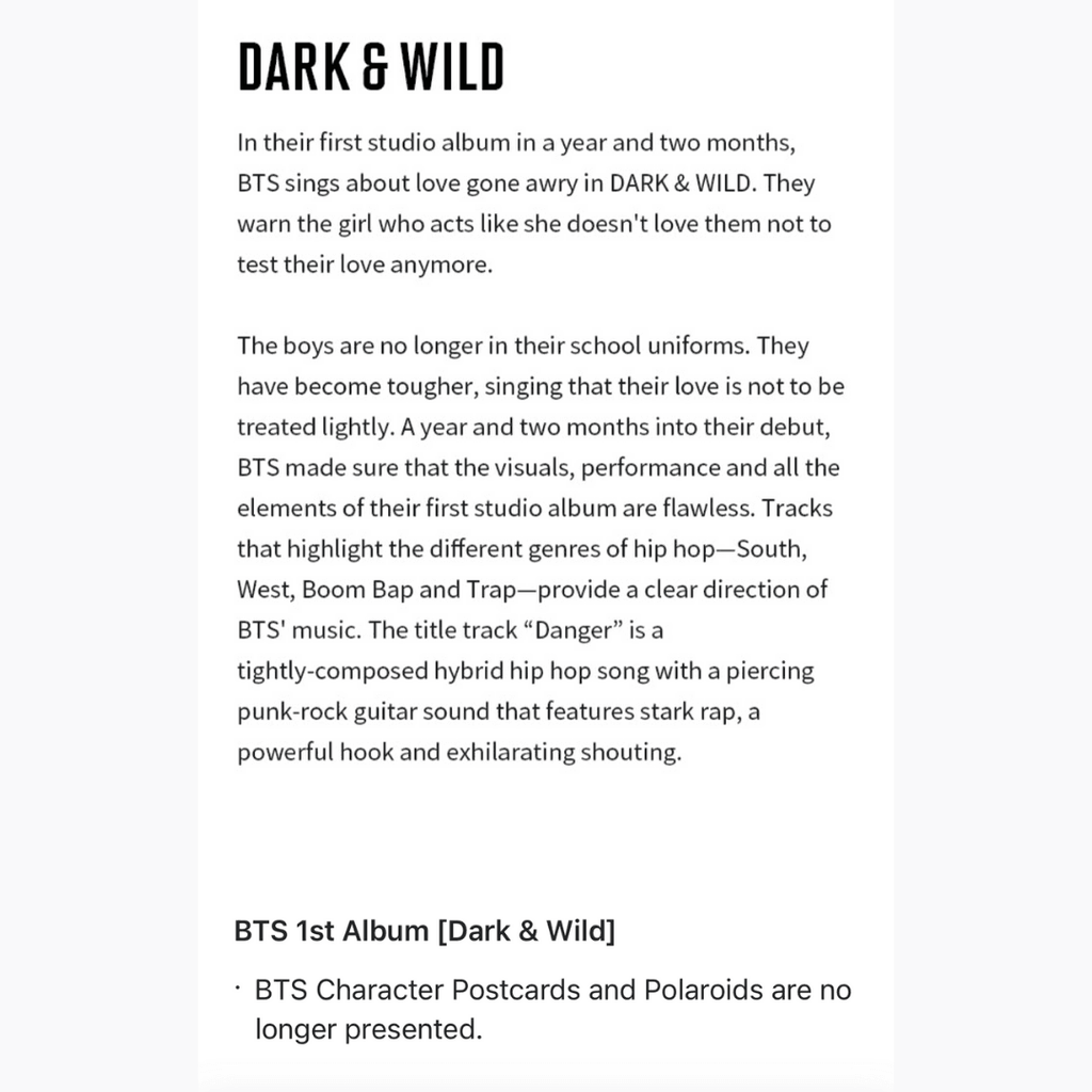 BTS Dark & Wild Album - Oppa Store