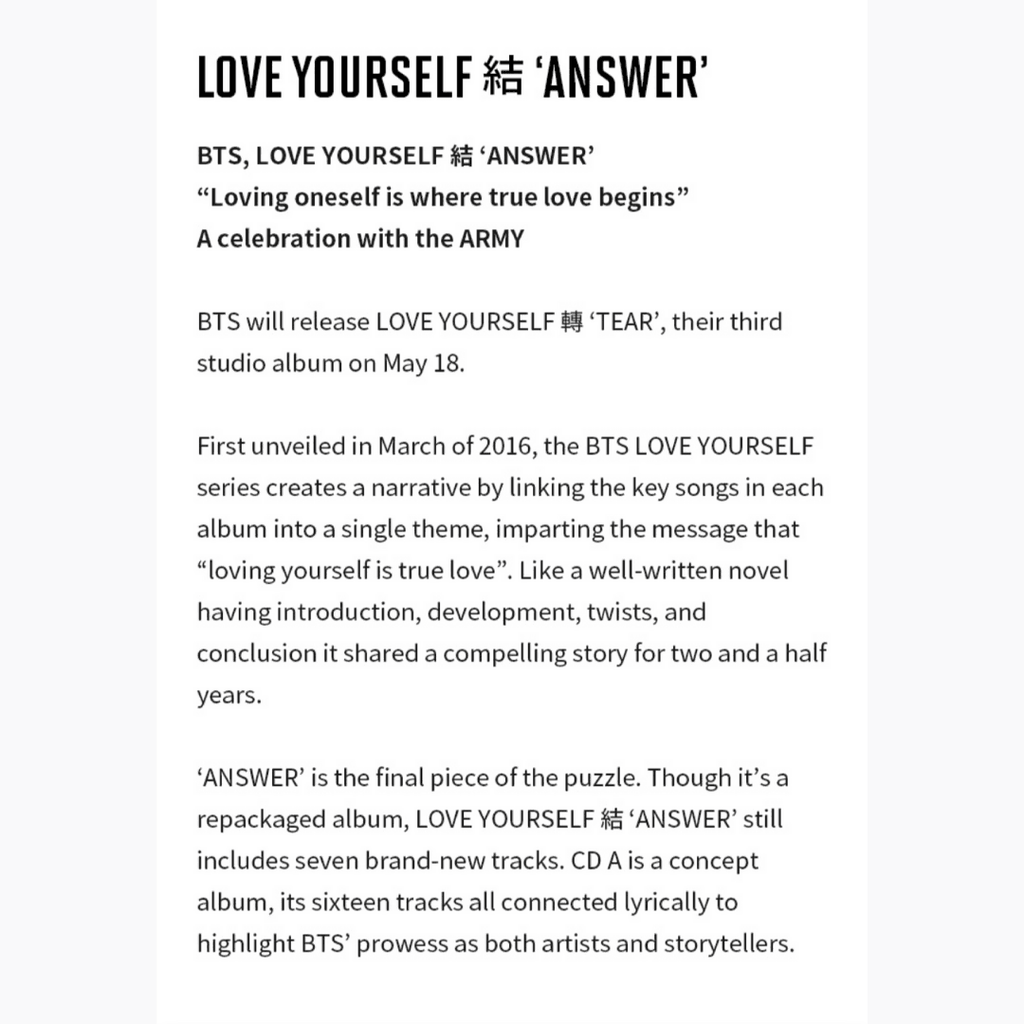 BTS Love Yourself: Answer Album - Oppastore